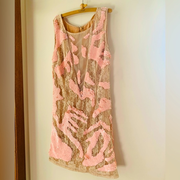 6126’s “Blair” Nude Lace Dress with Pink Sequins - Picture 1 of 11